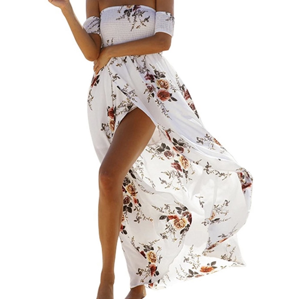 Floral Off The Shoulder Split Chiffon Maxi Dress